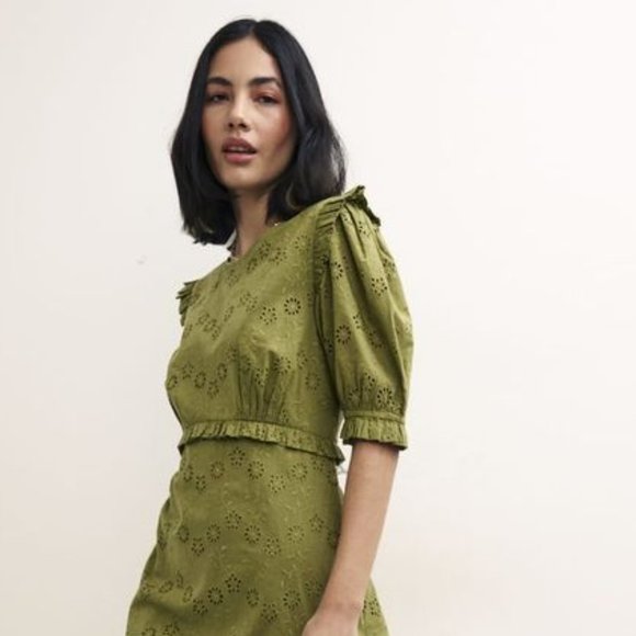 NWT Nobody's Child Olive Green Broderie ORGANIC COTTON Midi Dress - Picture 4 of 8